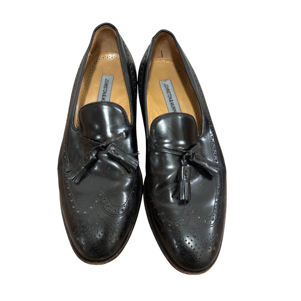 Vintage‎ Johnston & Murphy Mens Black Leather Tassel Loafers Wingtip Shoes 10.5